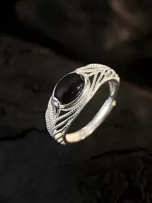 1pc S925 Sterling Silver Advanced Black Agate Ring With Hollow Out Feather Design For Women
