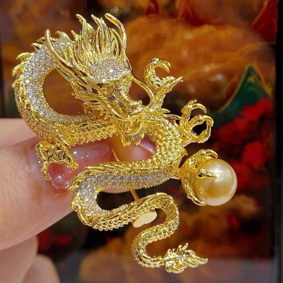 1入組金色龍戲珍珠新年禮物生肖龍胸針,高端套裝配件,鋯石配飾,男女通用時尚藝術胸飾 - 金黃色 - 查看 1