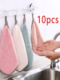 10pcs Hangable Coral Fleece Dish Cloth, Kitchen Household Absorbent Dish Towel, Scouring Rag, Hand Wipe Towel, Cleaning Cloth For Small Business Owners/Retailers,Kitchen,Bathroom,Home,Household Suppliers