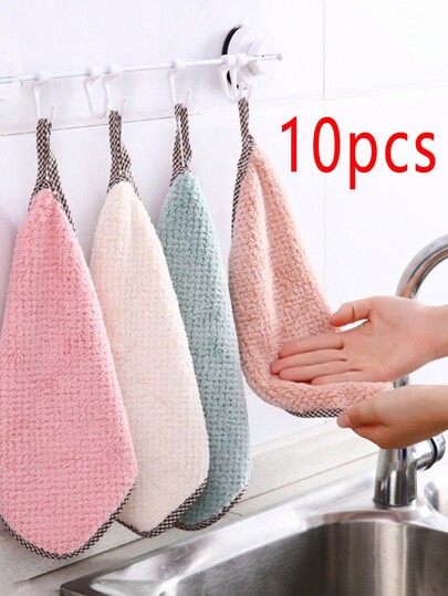10pcs Hangable Coral Fleece Dish Cloth, Kitchen Household Absorbent Dish Towel, Scouring Rag, Hand Wipe Towel, Cleaning Cloth For Small Business Owners/Retailers,Kitchen,Bathroom,Home,Household Suppliers