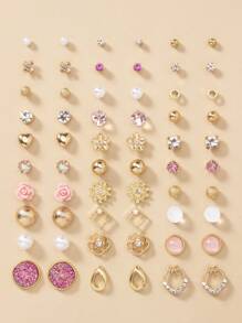30 cặp/bộ Thời trang Khối Zirconia  , Ngọc trai Giả , Hình vẽ trái tâm , Kim loại , Hoa , Thiết kế hình học Bông tai stud Đối với phụ nữ , Mặc hàng ngày Và Quà tặng lễ hội , Phụ kiện trang sức - Vàng - Xem 17