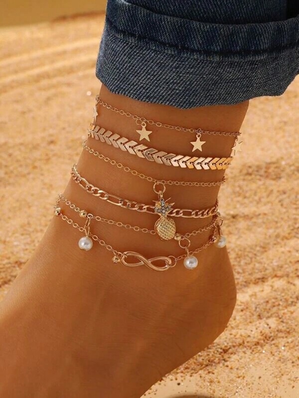 Conjunto de 5 Peças Pulseiras de Tornozelo Fashion com Abacaxi Dourado, Estrela e Pérola