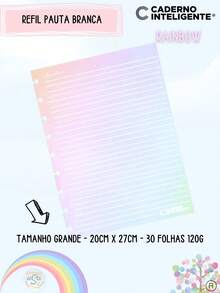 Caderno Inteligente, Refil Folha pautado Arco Iris Rainbow linha branca Tam. Grande - Multicolorido - Visão 1