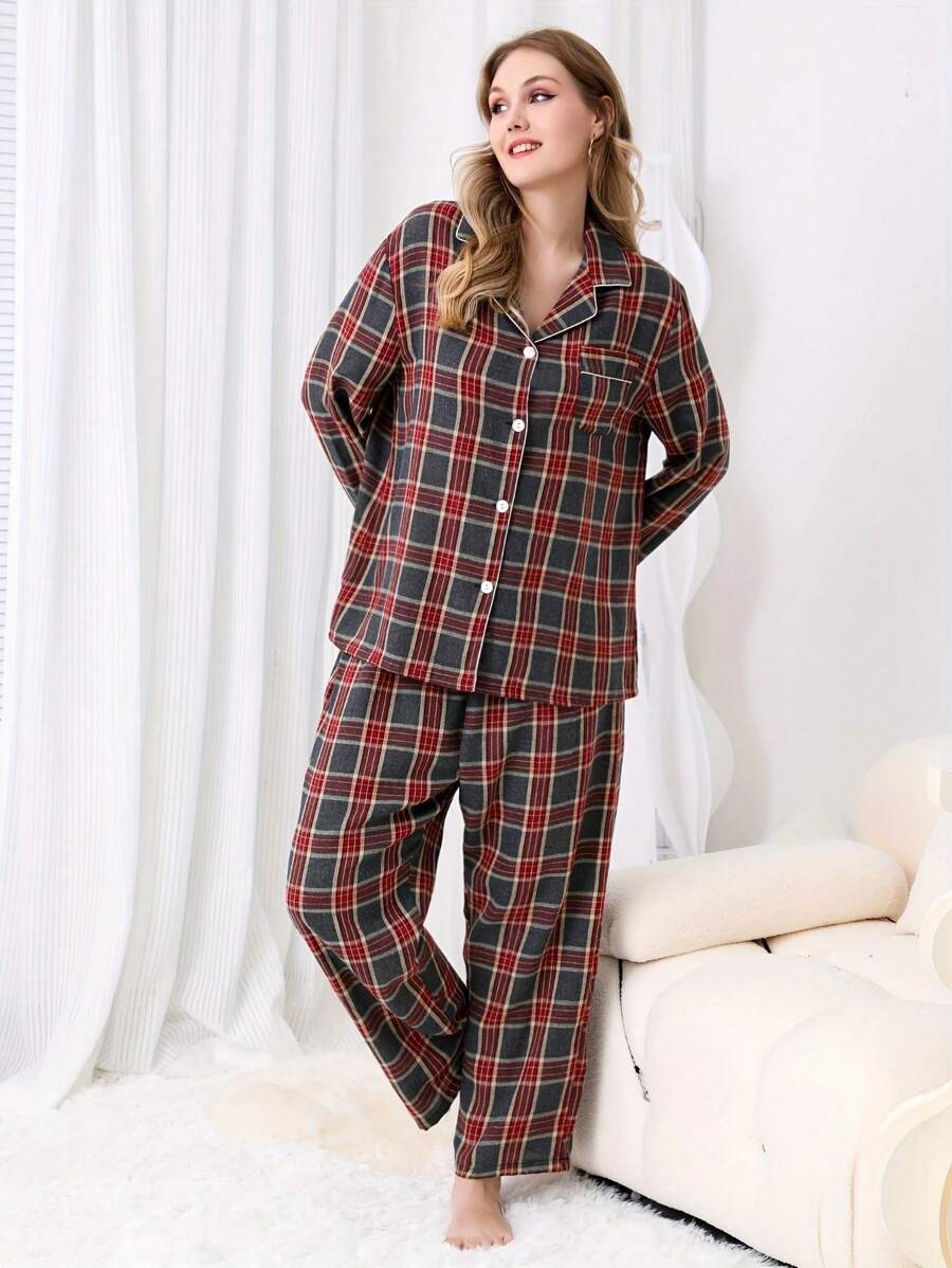 Kích thước lớn Của phụ nữ Kẻ sọc Bộ đồ ngủ In Màu xám Đỏ - Màu xám đen - Xem 1