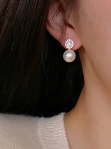 1pair Minimalist Small Faux Pearl Earrings - Gold - View 3