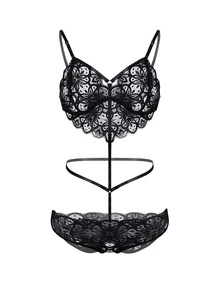 1 Miếng Gợi cảm Viễn cảnh Eo thấp Áo liền quần chặt Đối với phụ nữ , lưới ren Ba-mảnh Bộ đồ - màu đen - Xem 2