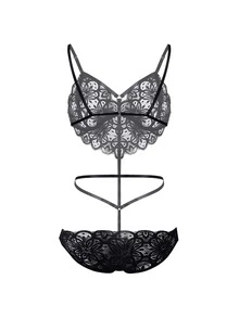 1 Miếng Gợi cảm Viễn cảnh Eo thấp Áo liền quần chặt Đối với phụ nữ , lưới ren Ba-mảnh Bộ đồ - màu đen - Xem 3