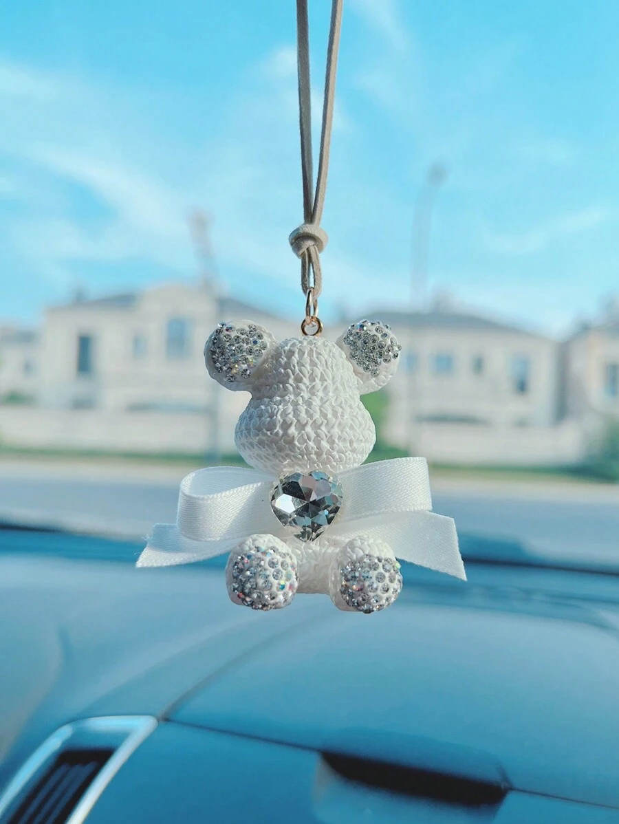 1個白色蝴蝶結和聚酯石膏小熊車內掛飾 - 白色 - 查看 1