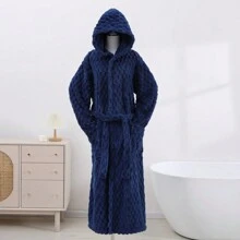 1pc Coral Fleece Turtle Shell Texture Bathrobe With Hood For Men, Soft, Absorbent And Suitable For Bathroom, Bedroom, Poolside, Casual Wear - Blue - View 1