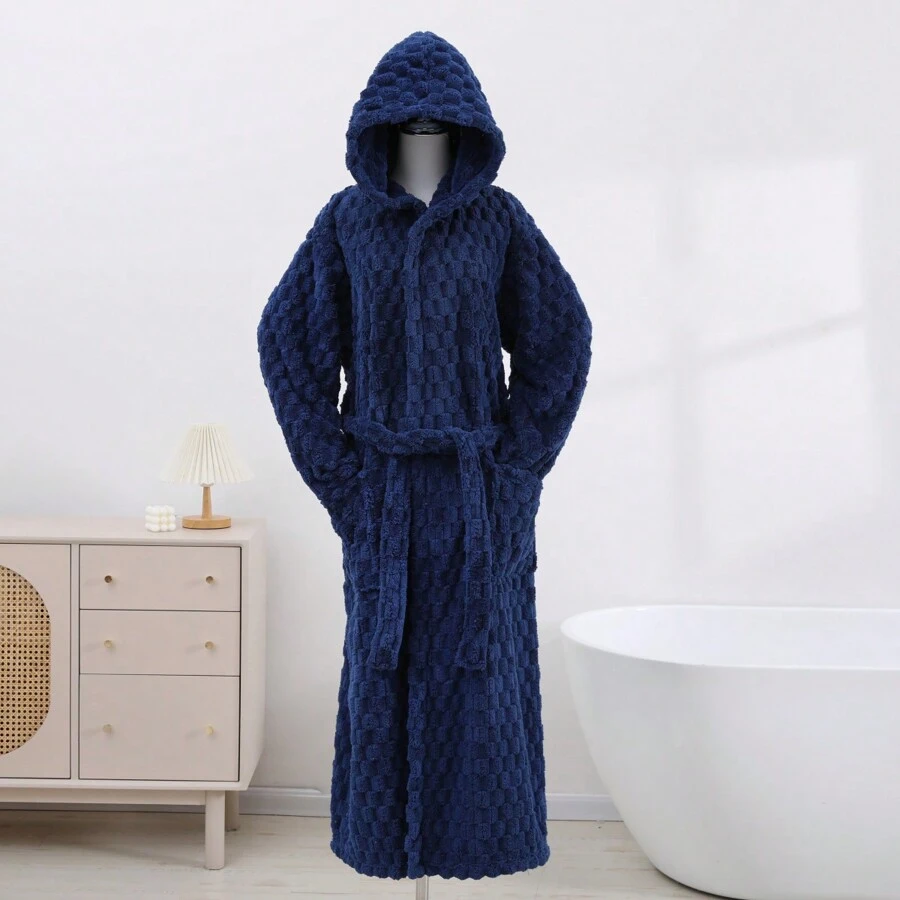 1pc Coral Fleece Turtle Shell Texture Bathrobe With Hood For Men, Soft, Absorbent And Suitable For Bathroom, Bedroom, Poolside, Casual Wear - Blue - View 1