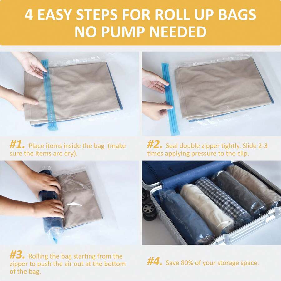 6 Pack Compression Storage Bags For Travel RollUp Space Saver Vacuum