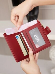 MIYIN Vintage Crocodile Pattern Short Women's Wallet, Snap Flap Multi-Card Slot Card Holder, Side Zipper Coin Compartment, Multi-Card Slots With Transparent ID Window, Layered Storage For Cards, Coins And Bills, Macaron Solid Color + Animal Print Multiple Styles Available, Suitable For May Day, National Day Short Trips, Weekend Commute Daily Storage, Lightweight Compact Card Holder Wallet For Holiday Travel - Red - View 3