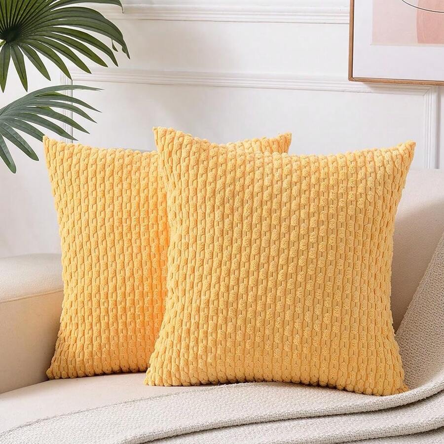 1pc/2pcs Yellow Bohemian Striped Throw Pillow Cover (Pillow Insert Not Included), Soft Plush Corduroy Solid Color Decorative Square Pillow Cover, Suitable For Holiday, Sofa, Bedroom, Bed, All Seasons Use.