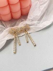 1 Par De Elegante Aretes Con Diseño De Lazo Y Decoración De Piedras Brillantes - Elegante lazo de diamantes - Ver 6