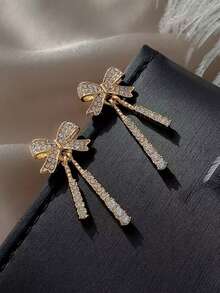 1 Par De Elegante Aretes Con Diseño De Lazo Y Decoración De Piedras Brillantes - Elegante lazo de diamantes - Ver 5