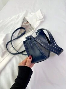 Túi đeo vai mini trơn màu có trang trí đinh tán, phong cách thời trang Túi đeo vai thiết kế tình yêu thời trang Túi đeo vai họa tiết khối màu bện thời trang Túi xách nữ - Màu xanh hải quân - Xem 4