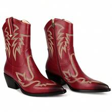 WETKISS Embroidered Cowboy Boots for Women, Ankle Cowgirl Boots with Pointed Toe, Side Zipper and Chunky Heel Design - Đỏ - Xem 6