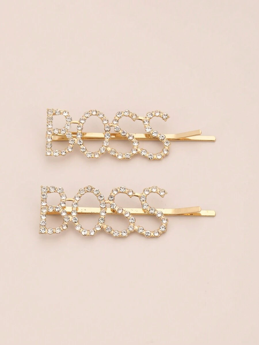 2 Miếng Của phụ nữ Kẹp tóc Với Pha lê & Trang trí chữ cái - Vàng - Xem 1