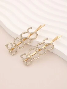 2 Miếng Của phụ nữ Kẹp tóc Với Pha lê & Trang trí chữ cái - Vàng - Xem 2