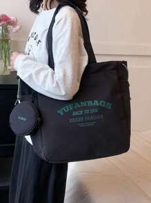 2入組時尚簡約大容量手提包/手提袋/肩包,附錢包,黑色奢華設計師女用帆布肩袋,購物袋,學生書袋,布手提袋,大手提包適用於女孩,錢包送回學校,教師禮物,感謝禮物,欣賞禮物,字母刻印禮物袋,可重複使用的學生導師袋,媽媽理想的新娘婚禮伴娘禮物