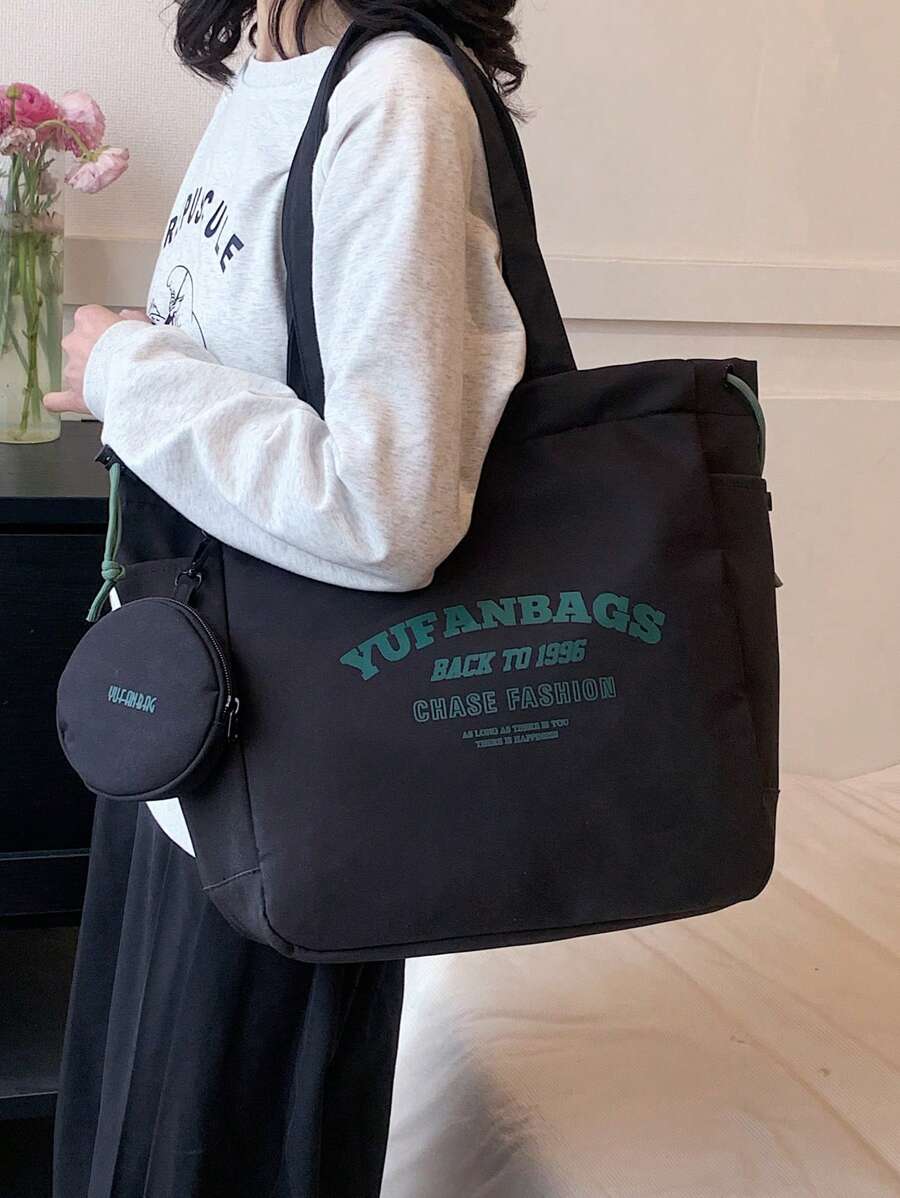 2入組時尚簡約大容量手提包/手提袋/肩包,附錢包,黑色奢華設計師女用帆布肩袋,購物袋,學生書袋,布手提袋,大手提包適用於女孩,錢包送回學校,教師禮物,感謝禮物,欣賞禮物,字母刻印禮物袋,可重複使用的學生導師袋,媽媽理想的新娘婚禮伴娘禮物