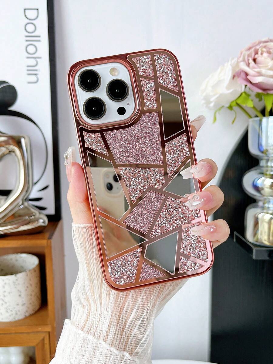 Apple 1x Rose Gold Mirror Geometric Color Matching Glitter Rhinestone Mobile Phone Case Compatible With Iphone15promax Waterproof Shockproof Anti-Fall Scratch Resistant