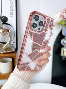Apple 1x Rose Gold Mirror Geometric Color Matching Glitter Rhinestone Mobile Phone Case Compatible With Iphone15promax Waterproof Shockproof Anti-Fall Scratch Resistant - Rose Gold - View 3