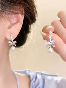 1pair French Style Luxurious Bowknot & Faux Pearl Design Chic Sweet & Elegant Earrings For Women