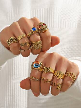14 Pièces/ensemble Crâne/oeil/animal En Forme D'évider Gothique Style Vintage Anneaux Pour Hommes