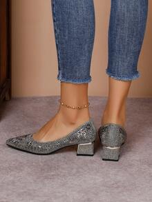 2024 New Fashion French Style Pointed Toe Chunky Heel Shoes With Full Rhinestones, Versatile And Elegant High-End Women's Shoes, Comfortable Shoes - Grey - View 3