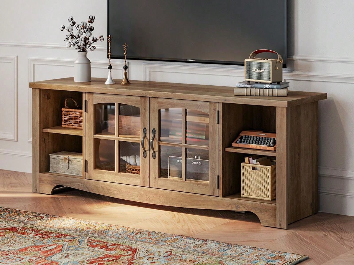 LINSY HOME Farmhouse TV Stand for 65 Inch TV, Wood Entertainment Center with Glass Door Storage