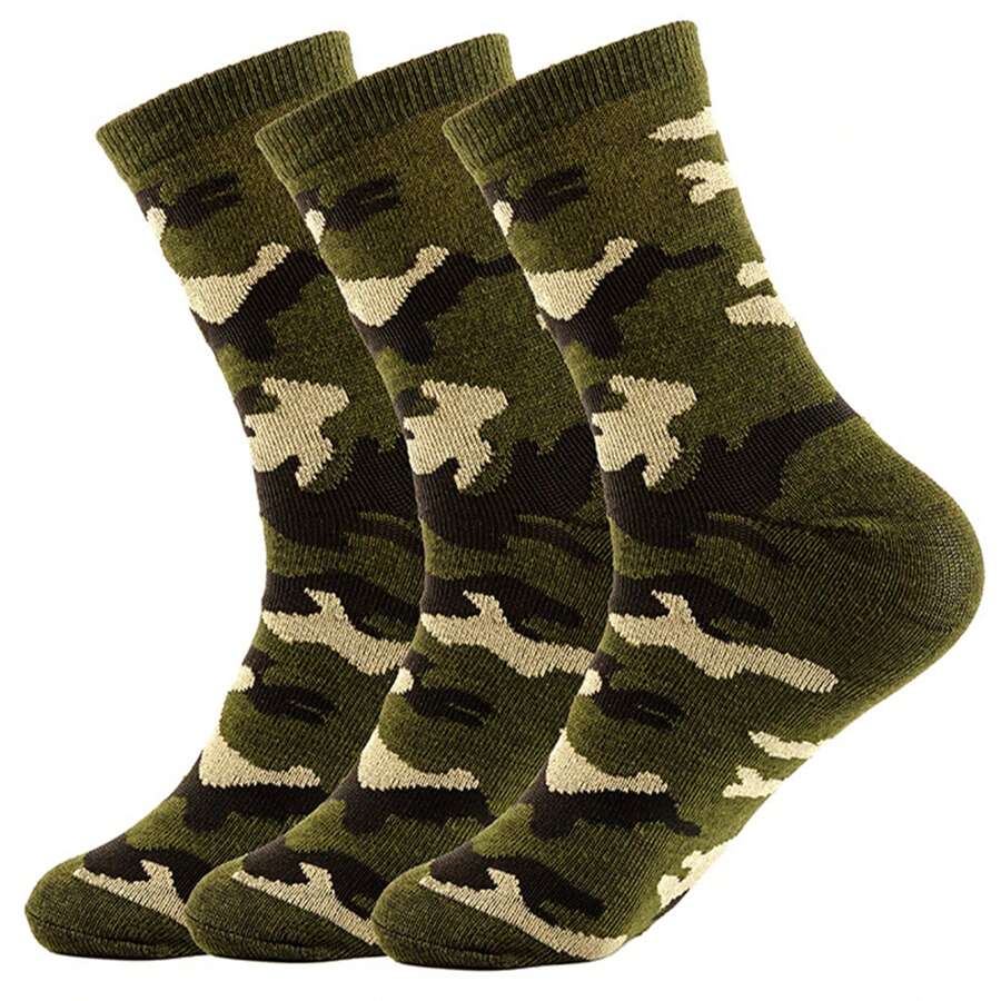 3pairs/Set Men's Camouflage Green Sports Mid-Calf Socks, Fall - Army Green - View 1