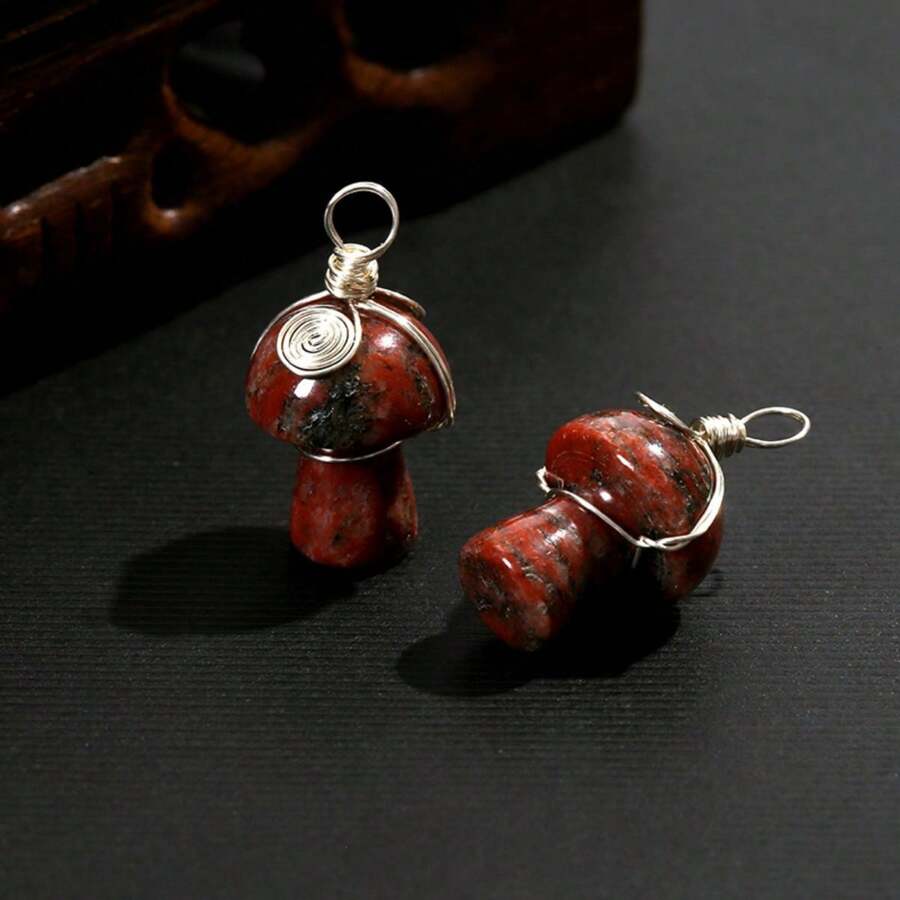 1個天然水晶吊墜,配有金色鐵絲和彩色蘑菇形珠子,diy項鍊珠寶製作配件 - 紅色 - 查看 1