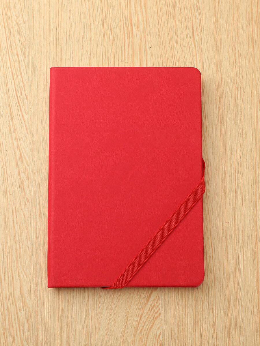 1pc A5 Solid Color Hardcover Notebook With Elastic Band, Optional Pen - Red - View 1