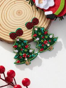 1對閃亮的鉆石蝴蝶結&聖誕樹&人造珍珠垂墜耳環,適合聖誕節 - 綠色 - 查看 6