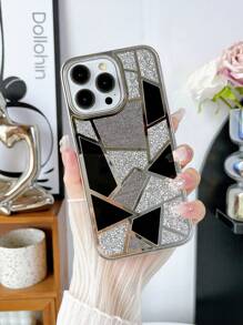 1pc Silver Mirror Finish Geometric Color Block Glitter Phone Case Compatible With IPhone 15 Pro Max - Multicolor - View 2