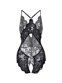 1pc Crotchless Lingerie, Sexy Backless Bowknot Lace Teddy With Open Cup, Baddie Look