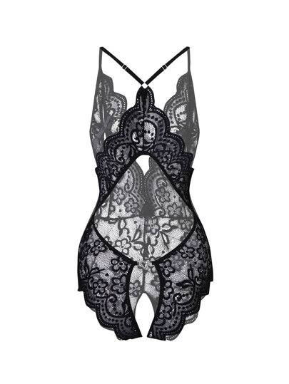 1pc Crotchless Lingerie, Verleidelijke Backless Bowknot Kanten Teddy Open Cup, Baddie Look view 6