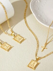 Letter Necklace Layered Initial Cross Necklace, Layering Square Letter Pendant Figaro Chain Cross Choker from A-Z Capital Jewelry for Women Girls - Yellow Gold - View 5
