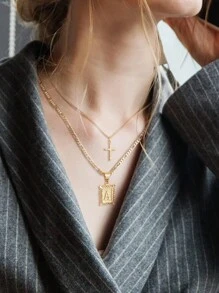Letter Necklace Layered Initial Cross Necklace, Layering Square Letter Pendant Figaro Chain Cross Choker from A-Z Capital Jewelry for Women Girls - Yellow Gold - View 2