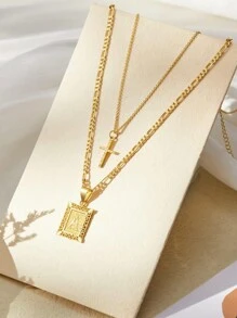 Letter Necklace Layered Initial Cross Necklace, Layering Square Letter Pendant Figaro Chain Cross Choker from A-Z Capital Jewelry for Women Girls - Yellow Gold - View 1