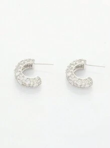 1 đôi Đúng mốt Đơn giản Hình C Thiết kế Tinh tế Sang trọng Chất lượng Của phụ nữ Hoa tai Với Sáng bóng Khối Zirconia - Bạc - Xem 3