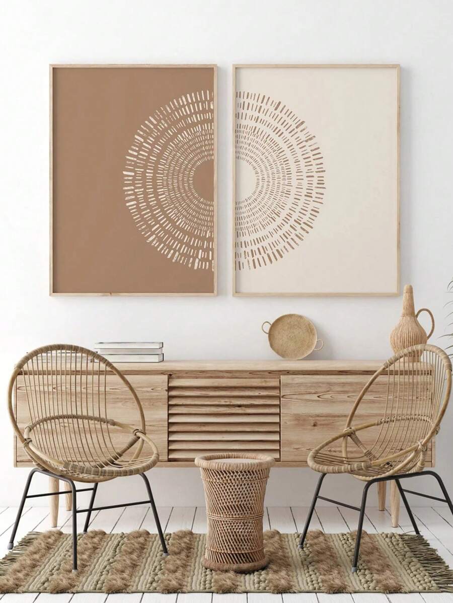 Bộ Của 2 Boho Trừu tượng Bức tranh Giữa mặt trời Mặt trăng Màu be Trái đất Tấn Retro Áp phích tranh sơn dầu In Boho Đơn giản hiện đại Tranh treo tường Đối với Phòng khách , Phòng ngủ , Văn phòng Phòng , Nhà  Đồ trang trí - Màu be - Xem 1