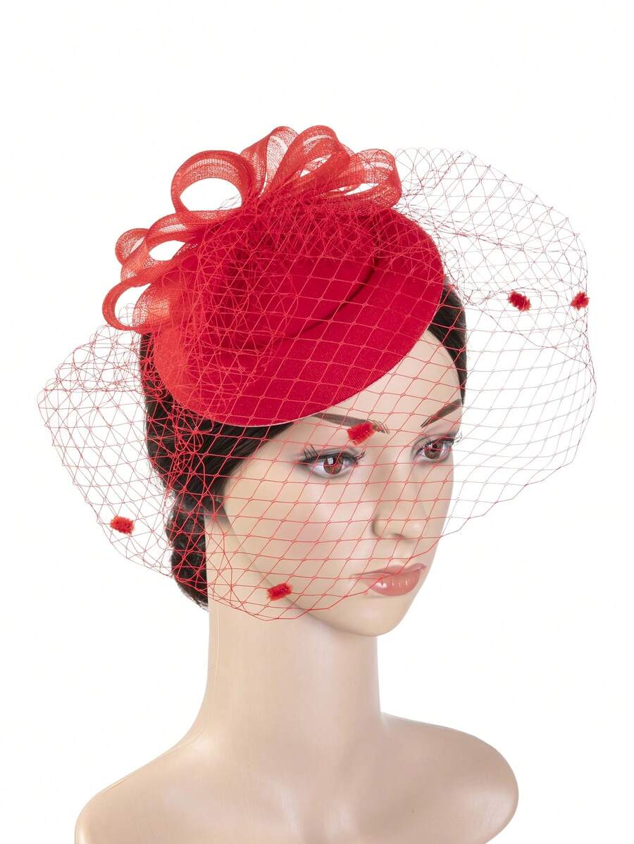 1頂女式花朵手網蕾絲頭飾,茶會、生日、賽馬會、婚禮頭飾,戴比賽馬帽,附頭帶和夾子 - 紅色 - 查看 1