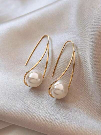 1pair Women's Vintage Faux Pearl Unique Copper Dangle Earrings, Elegant And Chic