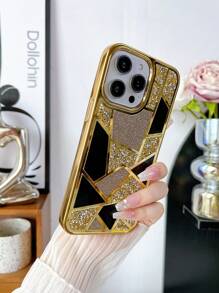 1入組金色鏡面幾何拼貼鑲嵌鑽石手機殼,兼容iphone 15 Pro Max - 金色 - 查看 3