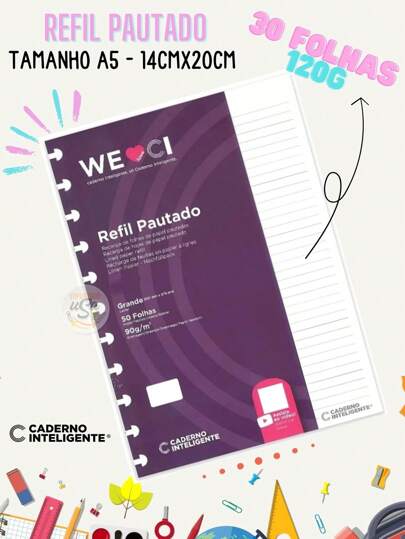 Caderno Inteligente, Refil Folha pautado Tam. A5 - 120g
