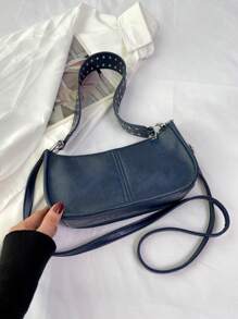 Túi đeo vai mini trơn màu có trang trí đinh tán, phong cách thời trang Túi đeo vai thiết kế tình yêu thời trang Túi đeo vai họa tiết khối màu bện thời trang Túi xách nữ - Màu xanh hải quân - Xem 5