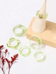 6 Piezas/set Set De Anillos Simples Verdes Con Estilo Europeo Y Americano - Verde - Ver 1