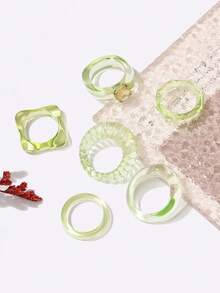 6 Piezas/set Set De Anillos Simples Verdes Con Estilo Europeo Y Americano - Verde - Ver 4